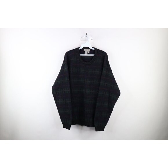 Vintage 90s Eddie Bauer Mens Large Faded Heavyweight Cotton Knit Sweater Plaid